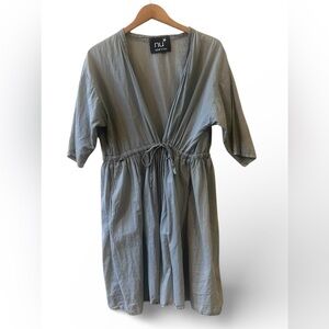 Nu New York 100% Cotton Adjustable Waist Front Tie Dress One Size Gray Pockets